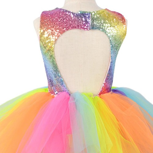 Rainbow sequin girls children modern dance ballet dress princess flower girls school stage performance chorus singers dresses